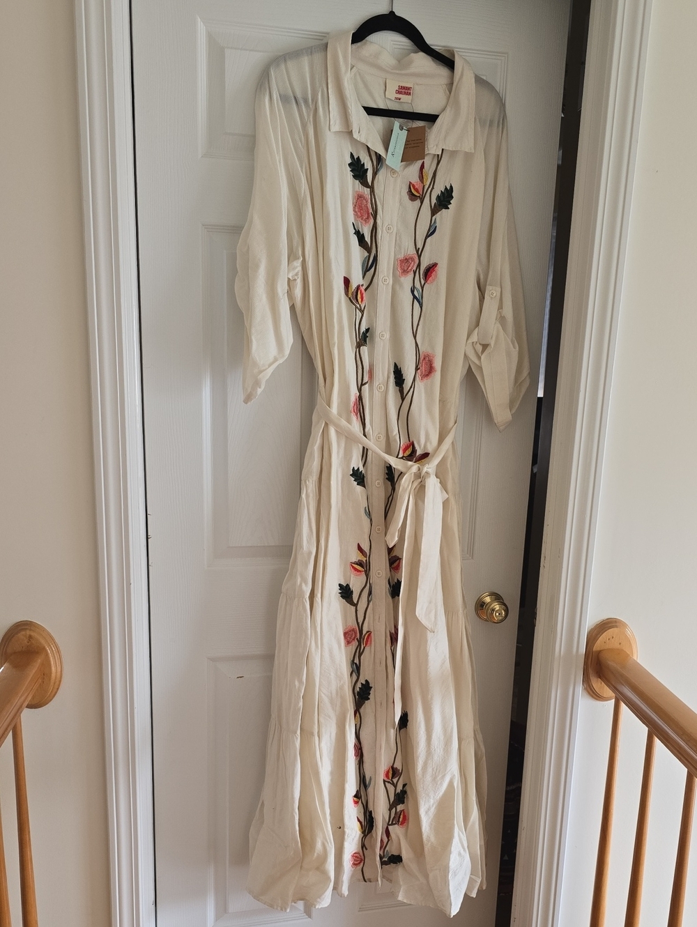 Embroidered Cream Maxi Shirt Dress with Self-Tie Belt